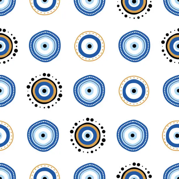 Vector illustration of Greek evil eye vector symbol of protection. Seamless pattern. Turkish Nazar Boncugu amulet illustration. Believed that it protects against evil eye. Background of blue Turkish eyes
