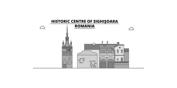 Vector illustration of Romania, Sighisoara city skyline isolated vector illustration, icons