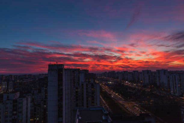 Sunset over residential area, New Belgrade, Serbia