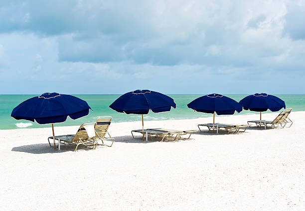 istock Lounge chairs and parasols on a pristine white sand beach 147291152