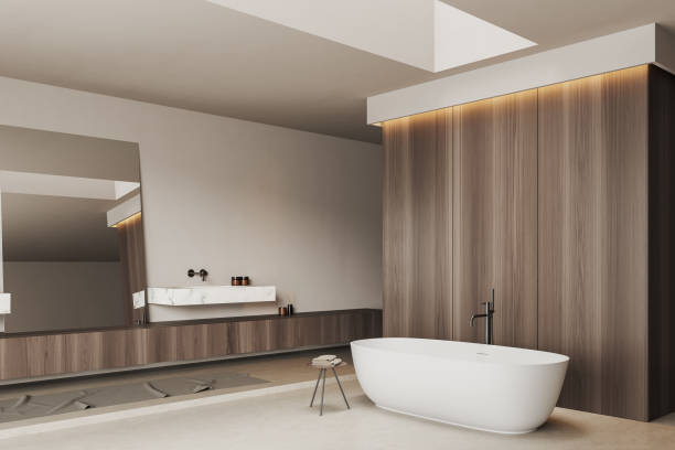 istock Light bathroom interior with washbasin and tub, accessories. Empty wall 1472912125