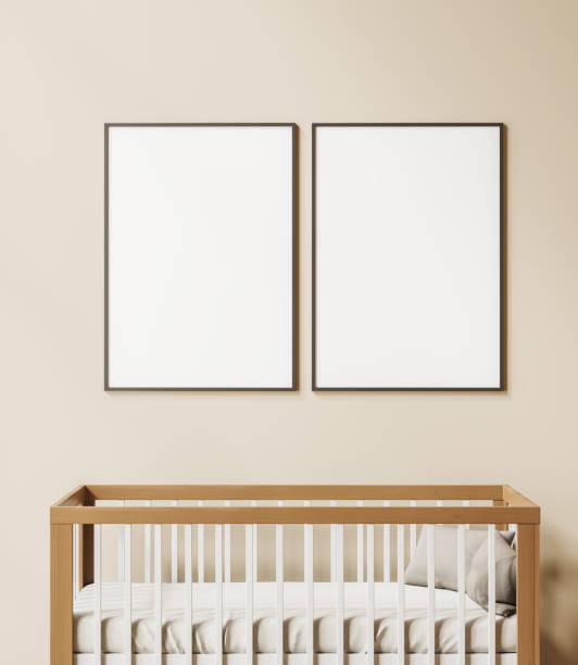 istock Light baby room interior with crib and mockup frames 1472912172