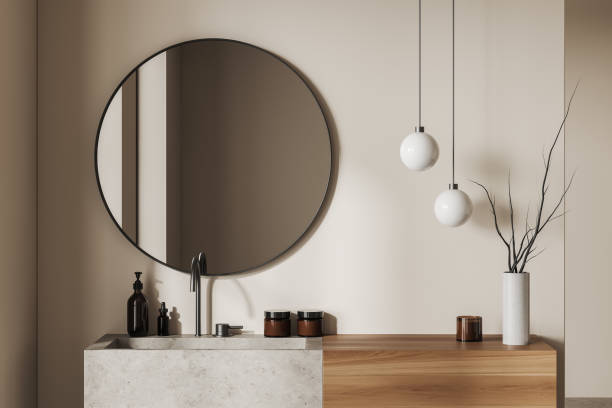 istock Light bathroom interior with sink and mirror, accessories on deck 1472912232