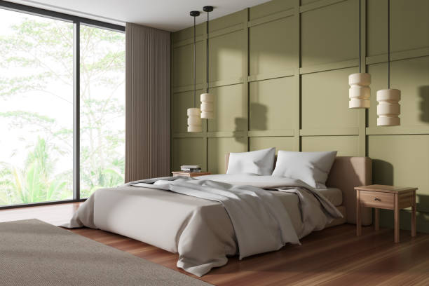 istock Stylish bedroom interior with bed and nightstand, panoramic window 1472912269
