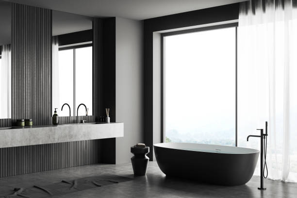 istock Grey bathroom interior with washbasins and tub, panoramic window 1472912375