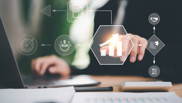 istock Businessman showing business process and workflow with virtual flowchart,planning and setting corporate growth goals ,Business Process Optimization ,Business solutions ,success strategy steps 1472912380