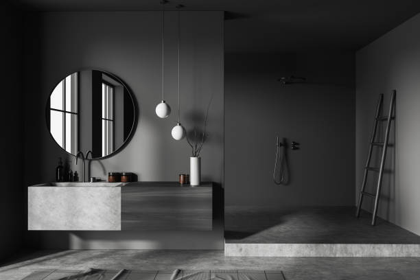 istock Gray bathroom with shower and sink 1472912513