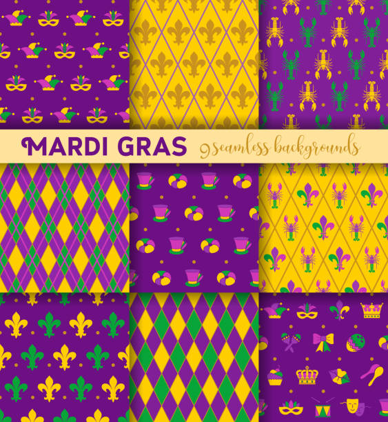 Mardi Gras seamless pattern with masks, jester s hats, crown an fleur de lis. Set of backgrounds Mardi Gras seamless pattern with masks, jester s hats, crown an fleur de lis. Abstract background.. Set of Fat Tuesday backgrounds pancake day stock illustrations