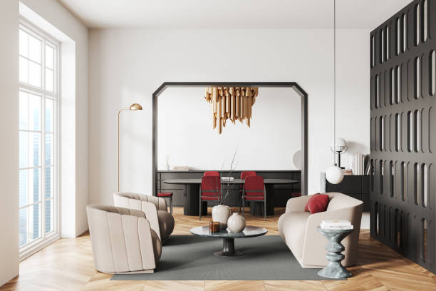 istock Modern living room interior with relaxing and eating area on background 1472913042