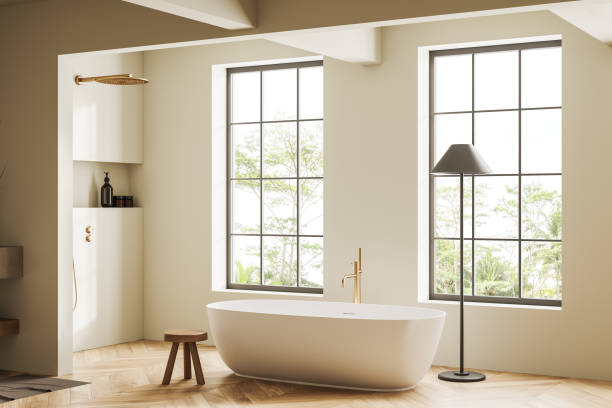 istock Stylish bathroom interior with tub and douche, panoramic window 1472913101