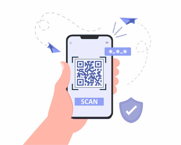 online scanning via phone Man hand holding a phone and scanning QR code. Barcode scanner technology. qr barcode generator stock illustrations