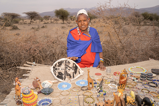 Karatu, Tanzania - October 16th, 2022: A portrait of a masai woman in traditional clothes and jewelry, selling african souvenirs by her village's thorn fence.