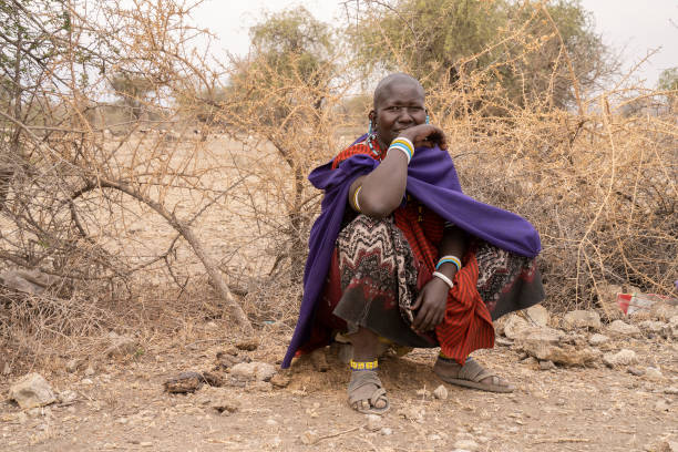 Karatu, Tanzania - October 16th, 2022: A portrait of a masai woman in traditional clothes and jewelry, in front of her village's thorn fence.