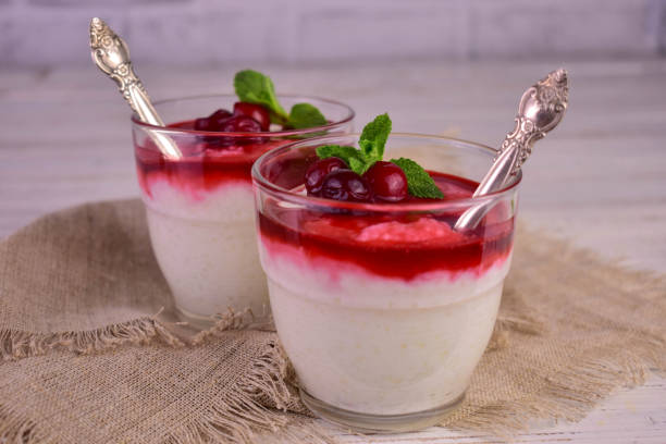 istock Rice pudding with cherry jam on a white wooden background. 1472918878