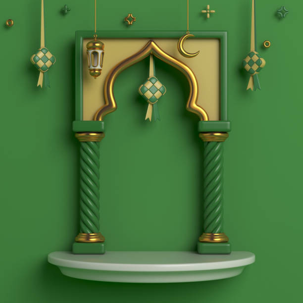 istock Islamic display decoration background with mosque window, ketupat, lantern, crescent, cartoon style, ramadan kareem, mawlid, iftar, isra  miraj, eid al fitr adha, muharram, 3D illustration. 1472919461