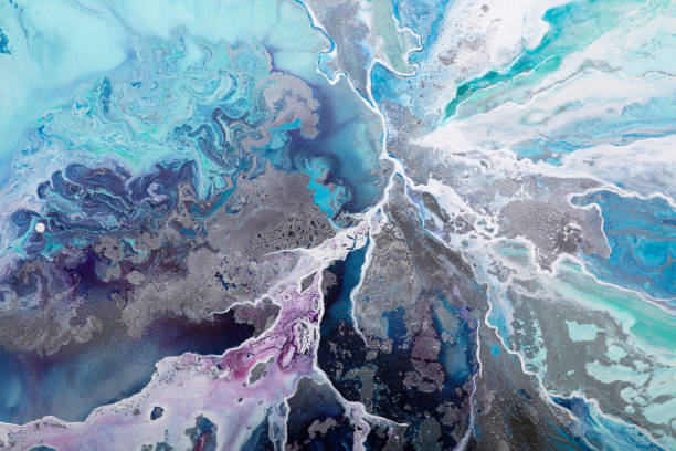 istock Abstract stylish mixed fluid alcohol ink picture. Modern liquid patterned art. Marbled bright blue texture. Acrylic trendy artwork. Bright abstract painting background in exquisite light blue color. 1472921144