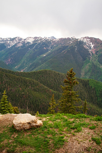 View of snow capped mountains while hiking Aspen, Colorado.