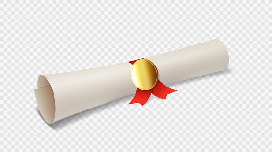 Graduation or diploma scroll with red ribbon. Vector illustration of graduation degree scroll with golden medal isolated on checkered background. Realistic element for decoration poster, banner.