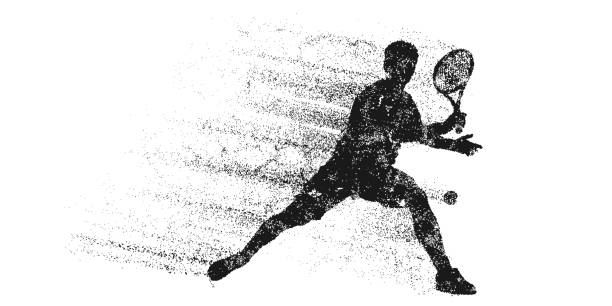 白い背景にテニス選手の抽象的なシルエット。ラケットを持ったテニス選手の男がボールを打つ。ベクターイラストレーション - tennis ball audio点のイラスト素材／クリップアート素材／マンガ素材／アイコン素材