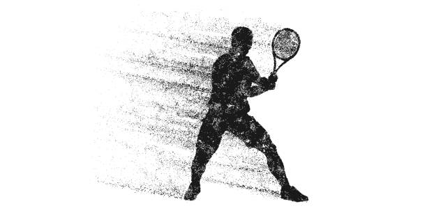 illustrazioni stock, clip art, cartoni animati e icone di tendenza di silhouette astratta di un tennista su sfondo bianco. tennista uomo con racchetta colpisce la palla. illustrazione vettoriale - tennis silhouette tennis racket tennis ball