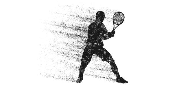 ilustrações de stock, clip art, desenhos animados e ícones de abstract silhouette of a tennis player on white background. tennis player man with racket hits the ball. vector illustration - tennis court men racket