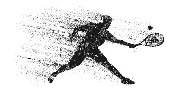 istock Abstract silhouette of a tennis player on white background. Tennis player man with racket hits the ball. Vector illustration 1472922616