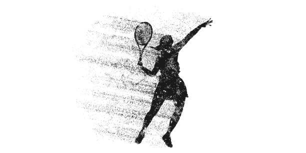 白い背景にテニス選手の抽象的なシルエット。ラケットを持ったテニス選手の女性がボールを打つ。ベクターイラストレーション - tennis ball audio点のイラスト素材／クリップアート素材／マンガ素材／アイコン素材