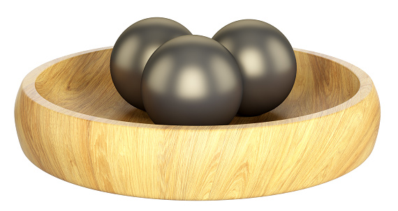 Decorative wooden round tray with black metal balls. Home decor and accents. Home decorative accessories. Isolated interior object. 3d rendering