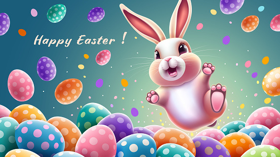 Happy Easter greeting banner or card with fun bunny, jumping up above pile of many colored Easter eggs. Trendy conceptual Easter greeting card with warm wishes. Vector 3d realistic illustration EPS10