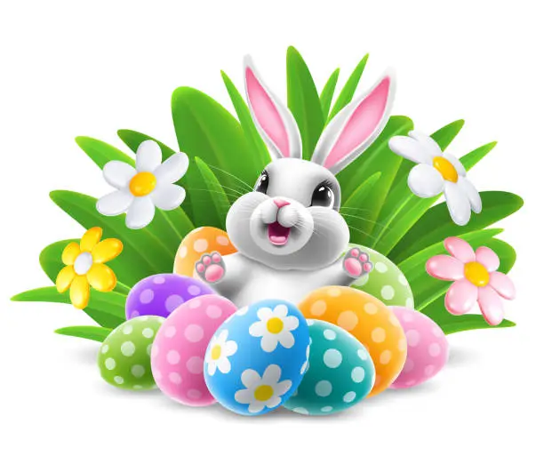 Vector illustration of Easter Bunny with Colored Eggs