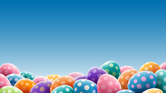 Background for Happy Easter banner or card with many colored 3d Easter eggs painted by polka dot pattern. Eggs lying in the big pile at the bottom, backlight, blue backdrop. Vector illustration