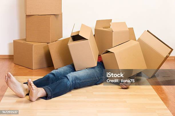 Man Covered In Cardboard Boxes Moving Concept Stock Photo - Download Image Now - Box - Container, Men, Wrapped