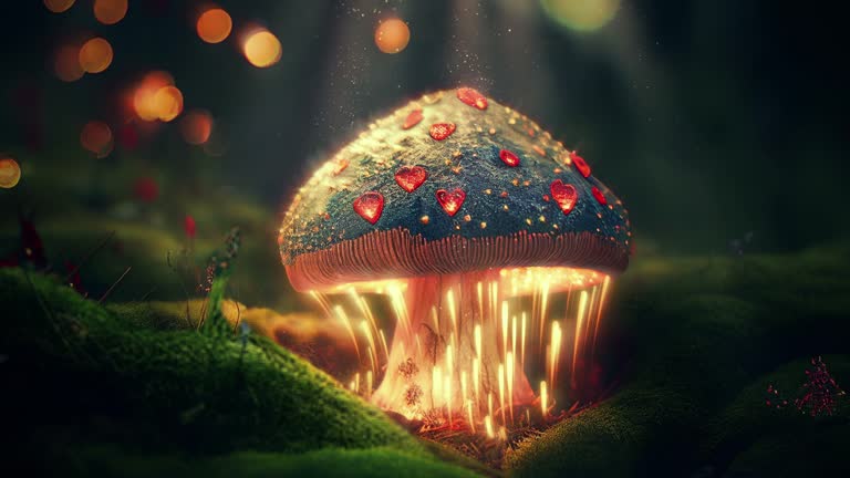 Magical romantic toadstool with hearts in a fairy forest 3D video loop animation background