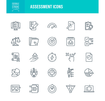 Assessment Icons Editable Stroke. The set contains icons as Inspect, Risk, Business, Comparison, Qualify, Control, Check, Verify