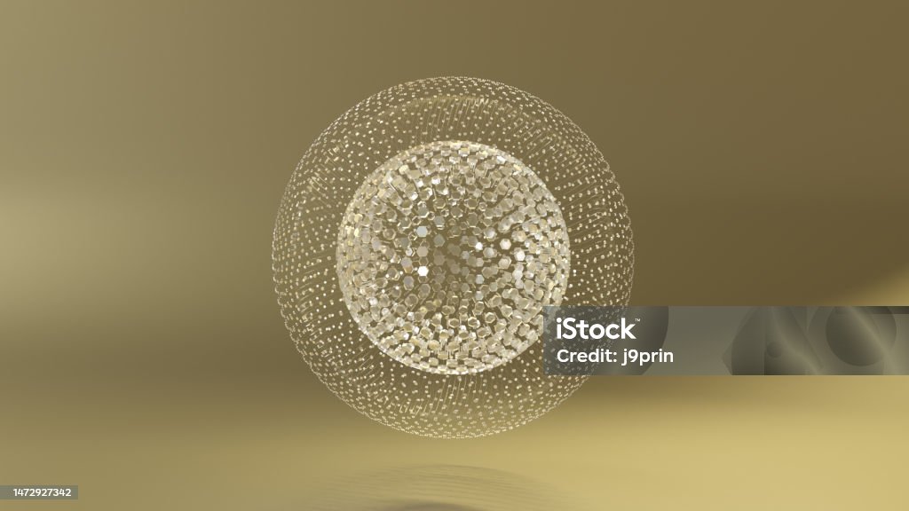 Abstract geometric patterns with spheres constitute the futuristic background Abstract geometric patterns with spheres constitute the futuristic background. Realistic gold and silver orbs. glow ball set. 3D rendering Globe - Navigational Equipment Stock Photo