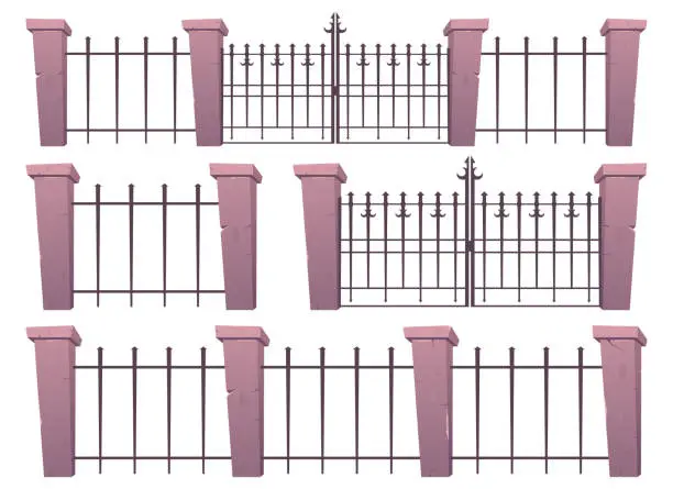 Vector illustration of Entry gates and fence made from steel and concrete in cartoon style vector illustration