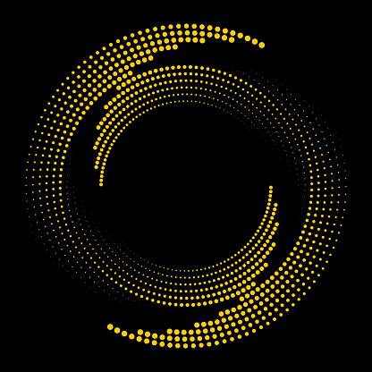 Yellow swirl pattern of circular dots on black background