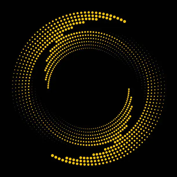Vector illustration of Yellow swirl pattern of circular dots on black background