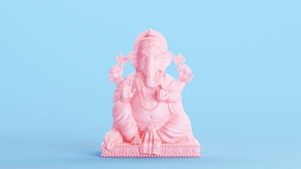 ピンクのガネーシャガネーシャ像ヒンドゥー教の神象の頭宗教的なキッチュな置物青の背景 - ganesh ストックフォトと画像