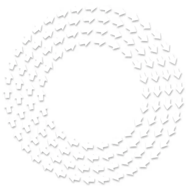 Vector illustration of Equally sized arrows in concentric circles, casting shadows