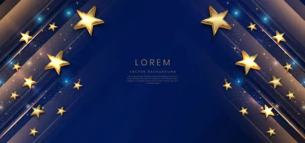 Vector illustration of Abstract luxury golden stars on dark blue background with lighting effect and spakle. Template premium award design.