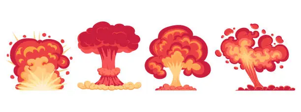 Vector illustration of Bomb explosions. Cartoon fire burning clouds, danger dynamite detonation, fire blast flat vector illustrations set