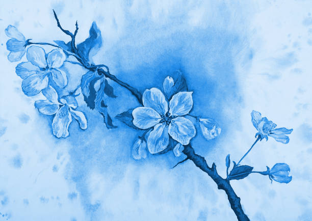istock illustration watercolor landscape flowering apple tree branch in blue 1472932758