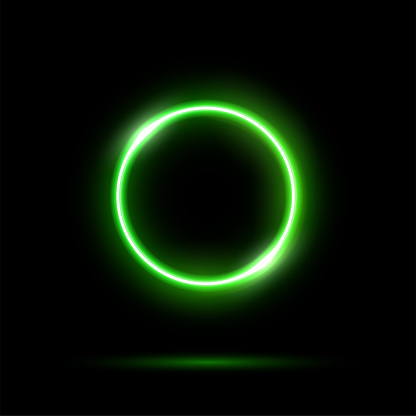 Glowing neon green circle isolated on black background. Round electric light frame. Geometric fashion design vector illustration. Empty minimal ring art decoration.