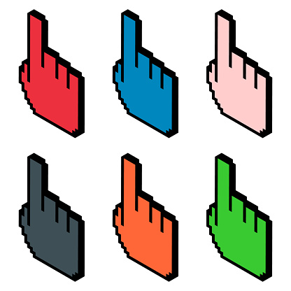 Set of finger ixometric pixel, web cursor click mouse symbol, computer pointer vector illustration .