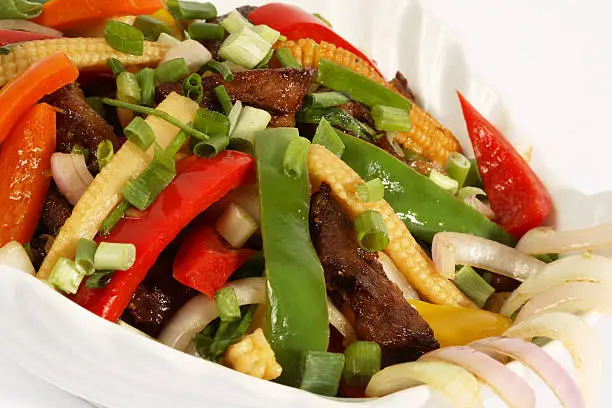 stir fry beef with baby corn and bell peppers