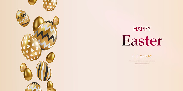 Happy Easter golden eggs with a geometric pattern on a light background. Gift card voucher template, modern poster, creative banner. Vector illustration