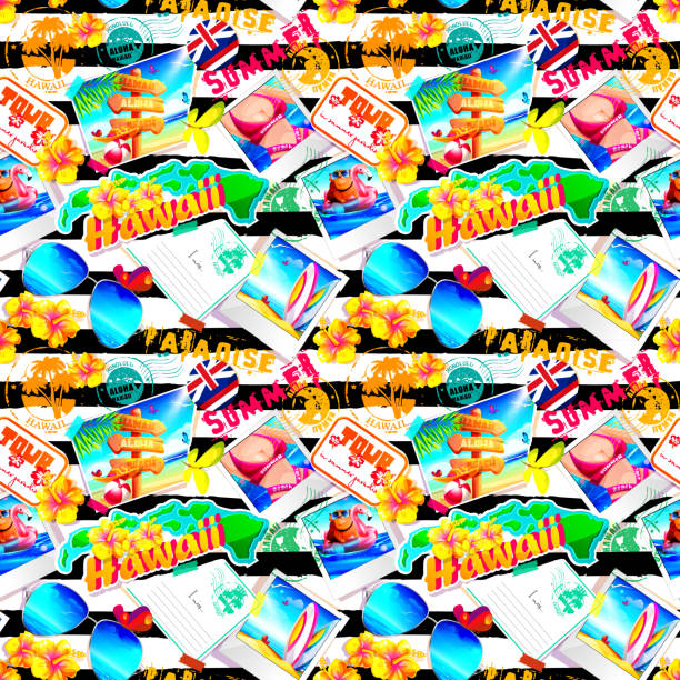 aloha hawaii tropisches urlaubskonzept im cartoon-stil. hawaiianischer nahtloser hintergrund mit briefmarken, fotos, hibiskusblüten und sonnenbrille auf gestreiftem schwarz-weißem hintergrund. - hawaii islands big island postcard summer stock-grafiken, -clipart, -cartoons und -symbole