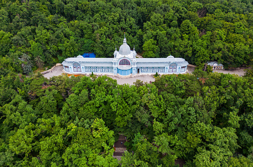 Aerial view of Pushkin Gallery in summer, Zheleznovodsk, Stavropol Krai, Russia. It is historical landmark of Zheleznovodsk installed in 1902. Theme of travel, sightseeing in Russian Caucasus.