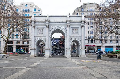 London, England - February 10, 2023: Marble Arch monument in London, UK